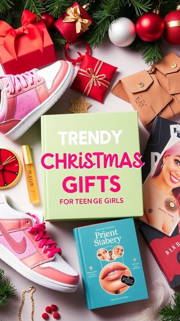 A collection of trendy Christmas gifts for teenage girls, featuring sneakers, jewelry, beauty products, and books on a festive background.